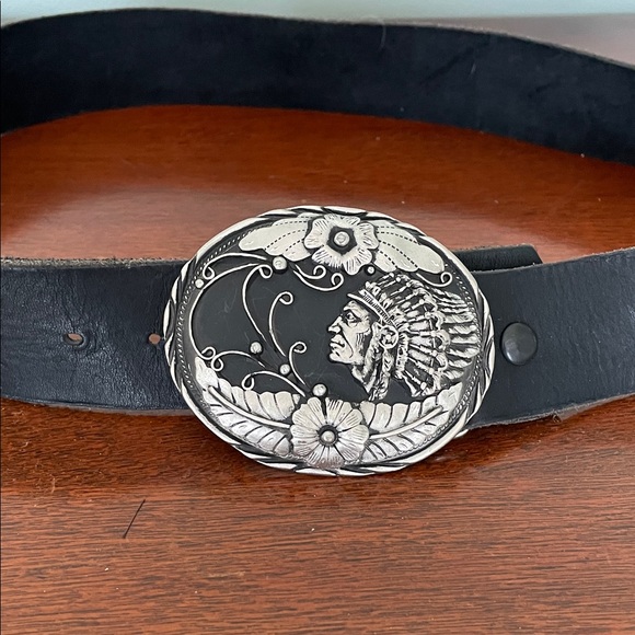 no brand Accessories - Black Leather Belt with Silver Buckle